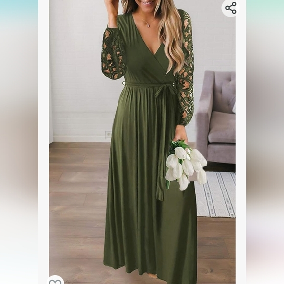 Women's Fall Floral Lace Long Sleeve Faux Wrap V Neck Maxi Dress-Navy Green - Picture 2 of 8